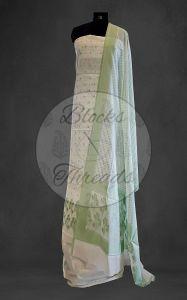 White and Light Green Cotton Banarsi Weave Suit Material