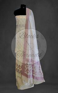 White and Lilac Cotton Banarsi Resham Weave Suit Material