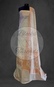 White and Peach Cotton Banarsi Resham Weave Suit Material
