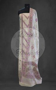 White Lilac and Green Premium Cotton Banarsi Resham Weaved Suit Material