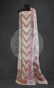White Pink and Green Premium Cotton Banarsi Resham Weave Suit Material
