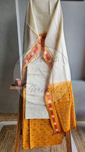 Yellow Ochre and Off White Ikat Weave Weave Cotton Unstitched Suit