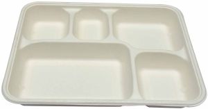 5 Compartment Sugarcane Bagasse Biodegradable Disposable Meal Tray Without Lid