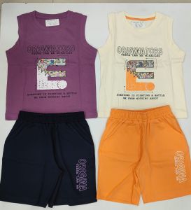 Boys Sleeveless Printed Cotton Shorts Set