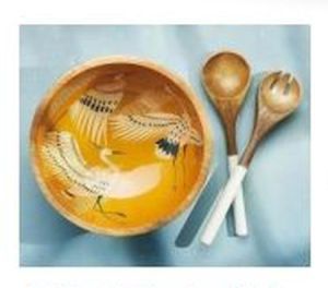 Bird Printed Round Mango Wood Serving Bowl Set