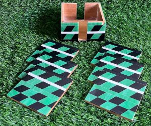 Black Green Resin Optical Illusion Coaster Set with Holder