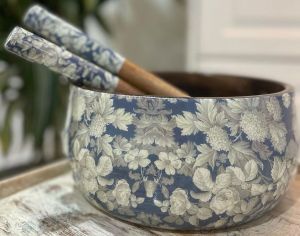 Blue Floral Mango Wood Salad Bowl Set