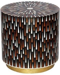 Bone Inlay Drum Side Table with Brass Brushed Base