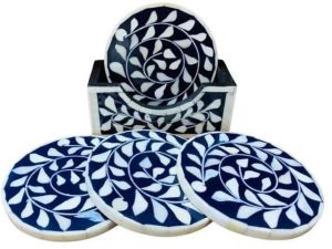 Floral Bone Inlay Coaster Set with Holder