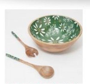 Green Enameled Mango Wood Serving Bowl Set