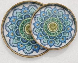 Handmade Floral MDF Resin Round Serving Tray Set