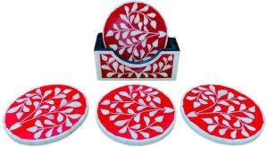 Floral Bone Inlay Coaster Set with Holder