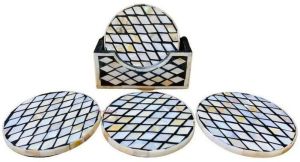 Floral Bone Inlay Coaster Set with Holder