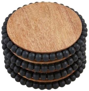 Mango Wood Coaster Set with Black Beaded Rim