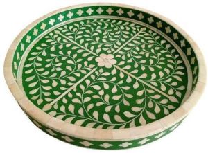 Round Green Floral Bone Inlay Serving Tray