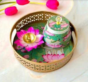 Pichwai Round Metal Tray With Jar Diya