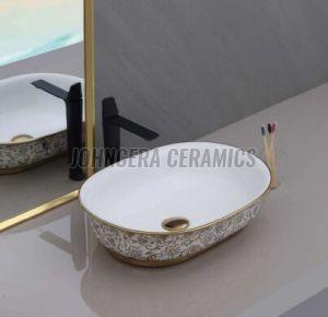 Floral Golden Pattern Ceramic Table Top Wash Basin