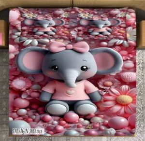 3D Cute Baby Elephant Cartoon Designer Double Bed Bedsheet with Pillow Covers