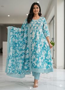 Ladies Blue Printed Cotton Suit Set