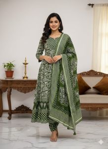 Ladies Green Ethnic Printed Kurti Set