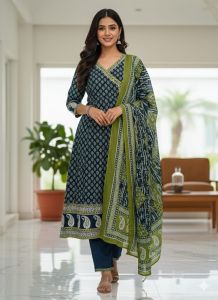Ladies Indigo Green Printed Kurta Pant Set