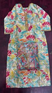 Ladies Multicolor Leaf Print Embellished Neck Straight Kurti