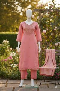 Ladies Peach Embroidered Designer Straight Suit Set
