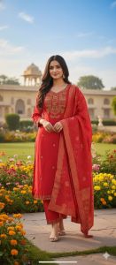 Ladies Red Embroidered Designer Straight Suit Set