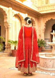 Ladies Red Embroidered Flared Ethnic Suit