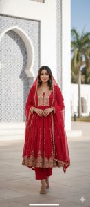 Ladies Red Festive Embroidery Flared Anarkali Suit Set