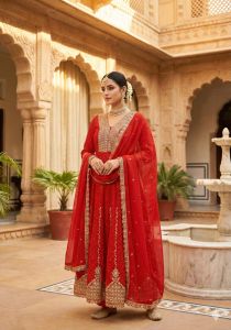 Ladies Red Heavy Embroidered Designer Anarkali Suit