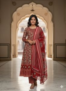 Ladies Red Printed Designer Straight Suit Set