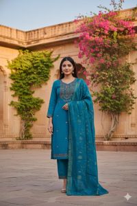 Ladies Teal Blue Embroidered Ethnic Suit Set