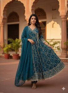 Ladies Teal Ethnic Embroidered Anarkali Kurti with Dupatta