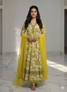 Ladies Yellow Printed Designer Anarkali Suit Set