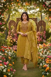 Mustard Embroidered Designer Straight Suit Set