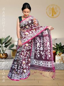 Violet Handwoven Dhakai Jamdani Resham Work Muslin Saree