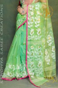 Handwoven Silk Muslin Rose Pattern Contrast Blouse Saree