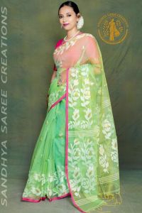 Handwoven Silk Muslin Rose Pattern Contrast Blouse Saree