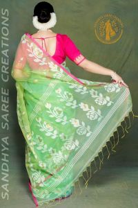 Handwoven Silk Muslin Rose Pattern Contrast Blouse Saree