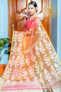 Premium Pure Muslin Resham Rose Motif Party Wear Saree