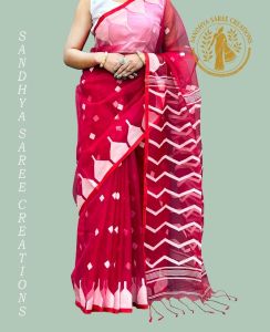 Premium Silk Muslin Temple Pattern Contrast Blouse Saree