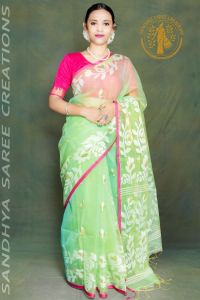 Handwoven Silk Muslin Rose Pattern Contrast Blouse Saree