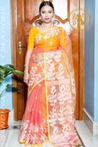 Premium Pure Muslin Resham Rose Motif Party Wear Saree