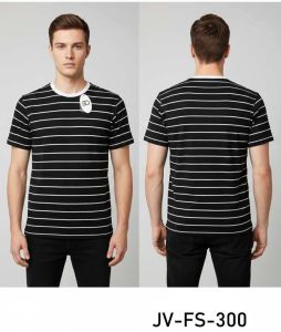 Mens Black and White Round Neck Striped Cotton T-Shirt