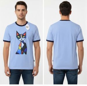 Mens Light Blue Round Neck Printed Cotton T-Shirt
