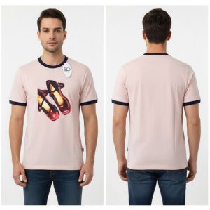 Mens Light Pinkish Beige Round Neck Printed Cotton T-Shirt