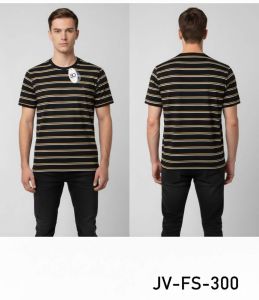 Mens Round Neck Black and Brown White Striped Cotton T-Shirt