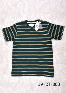 Mens Round Neck Green and White Striped Cotton T-Shirt