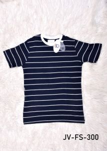 Mens Round Neck Navy Blue and White Striped Cotton T-Shirt